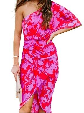 One-Shoulder Pink & Red Floral Midi Dress